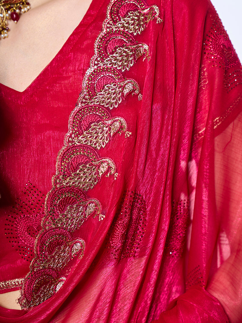 Rani Pink Chiffon Shimmer Saree with Gold Embroidery for Formal