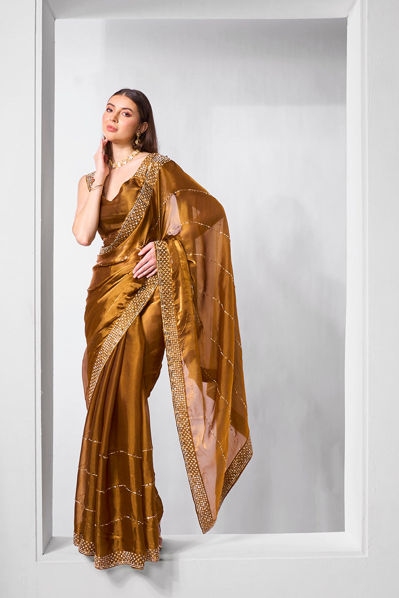 A beautiful brown Jimmy Chu saree with detailed embroidery and stone embellishments.