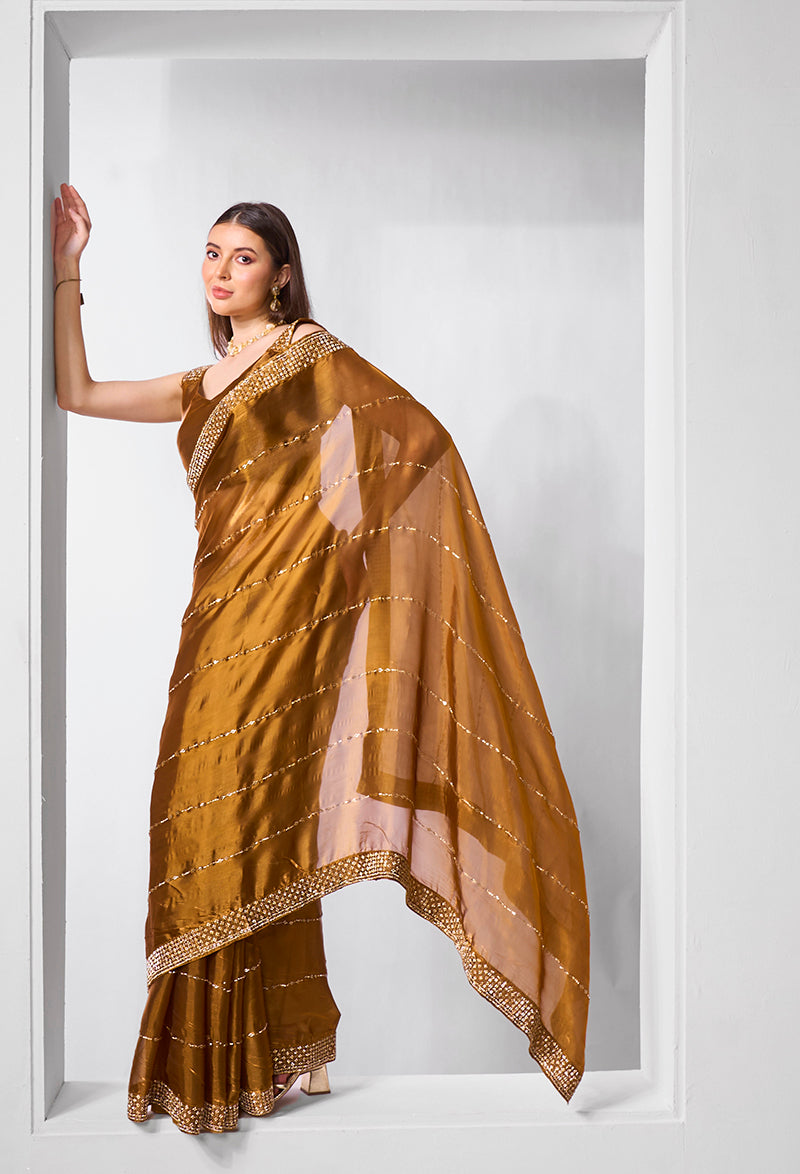 Brown Jimmy Chu Embroidered Saree with Stone Work
