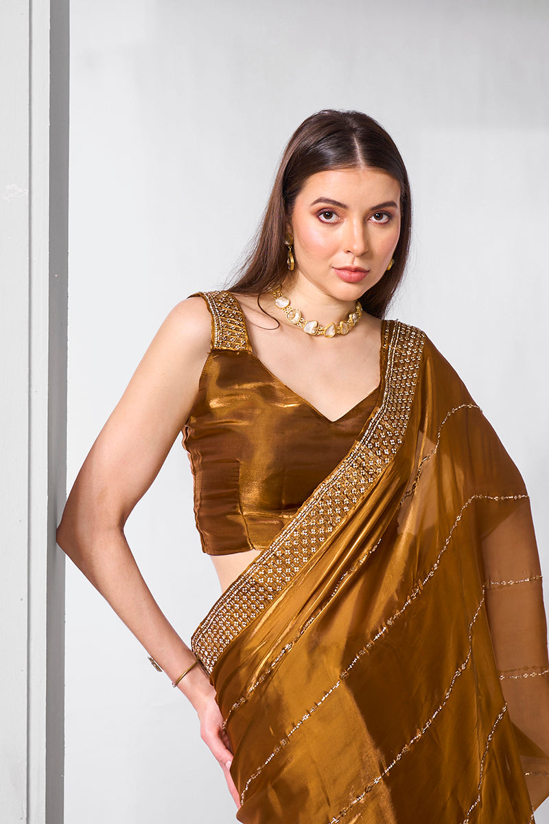 Brown Jimmy Chu Embroidered Saree with Stone Work