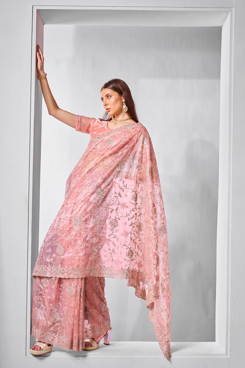 Peach Gold Tissue Net Embroidered Classic Saree