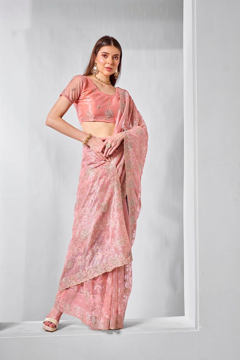 Peach Gold Tissue Net Embroidered Classic Saree