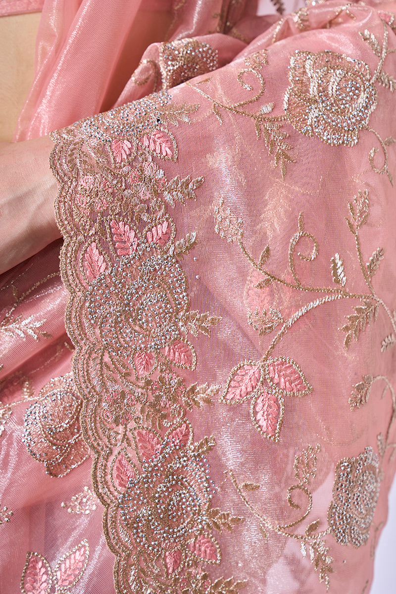 Peach Gold Tissue Net Embroidered Classic Saree