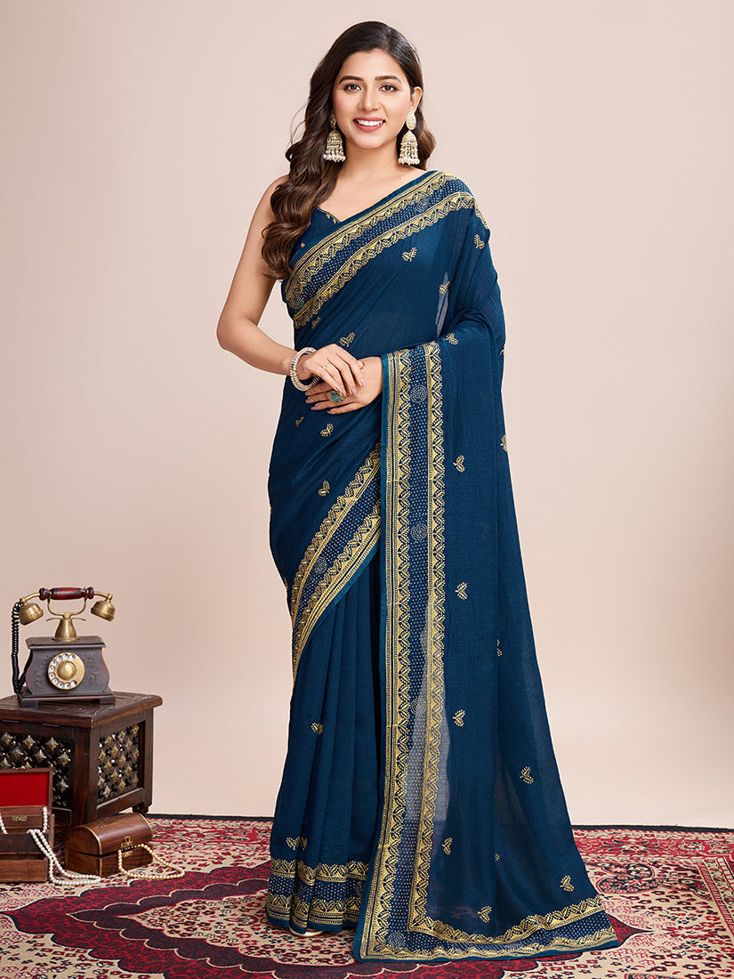 Monjolika Fashion Teal Blue Vichitra Silk Classic Saree with Embroidered Work