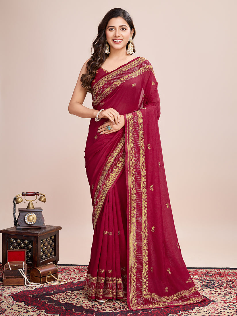 Classic red Vichitra silk saree with beautiful embroidered work