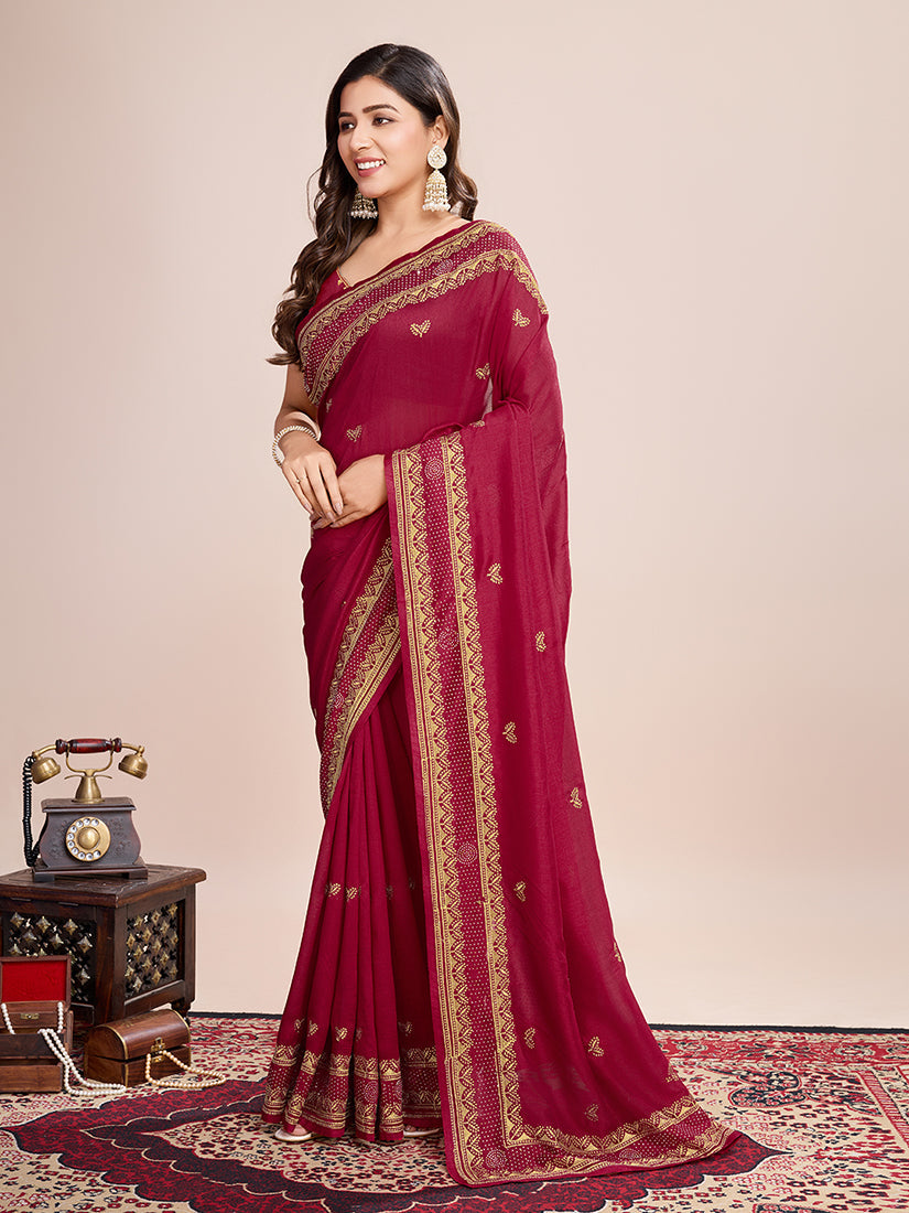 Classic Red Vichitra Silk Saree with Rich Embroidery