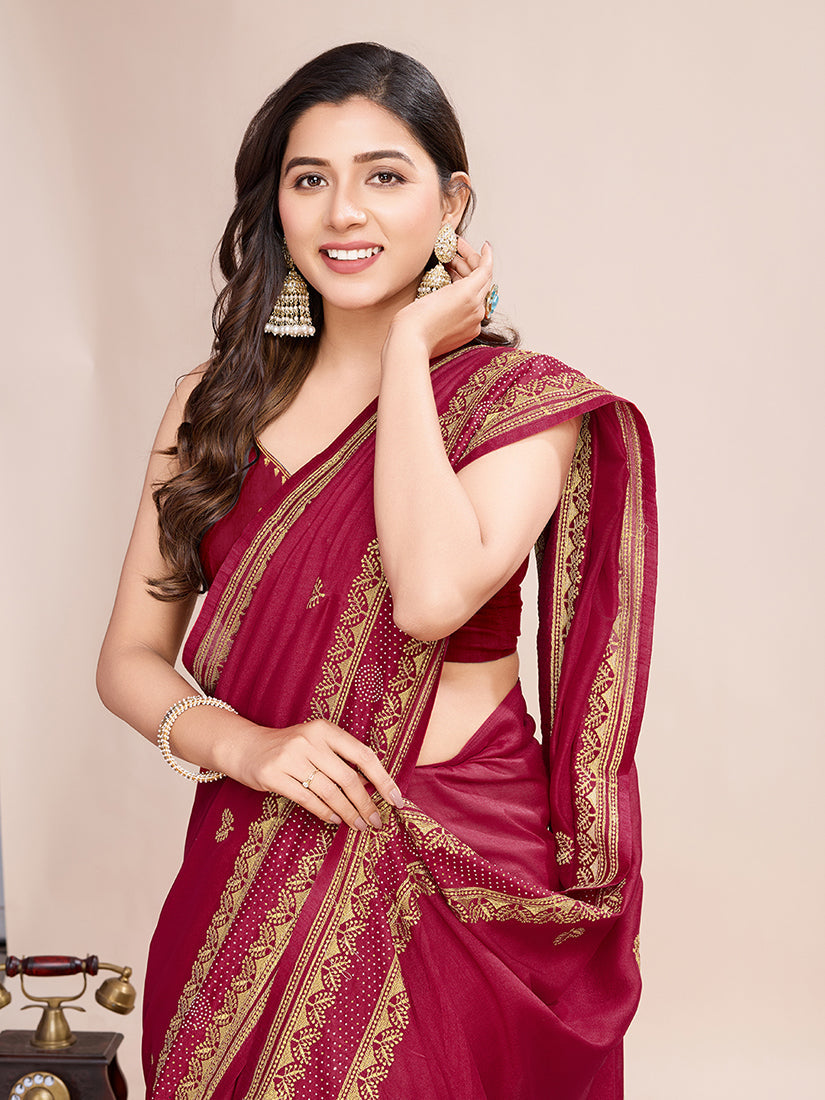 Classic Red Vichitra Silk Saree with Rich Embroidery