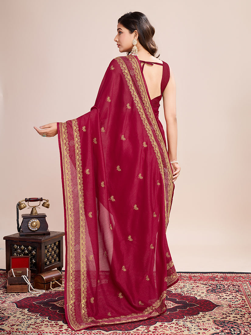 Classic Red Vichitra Silk Saree with Rich Embroidery