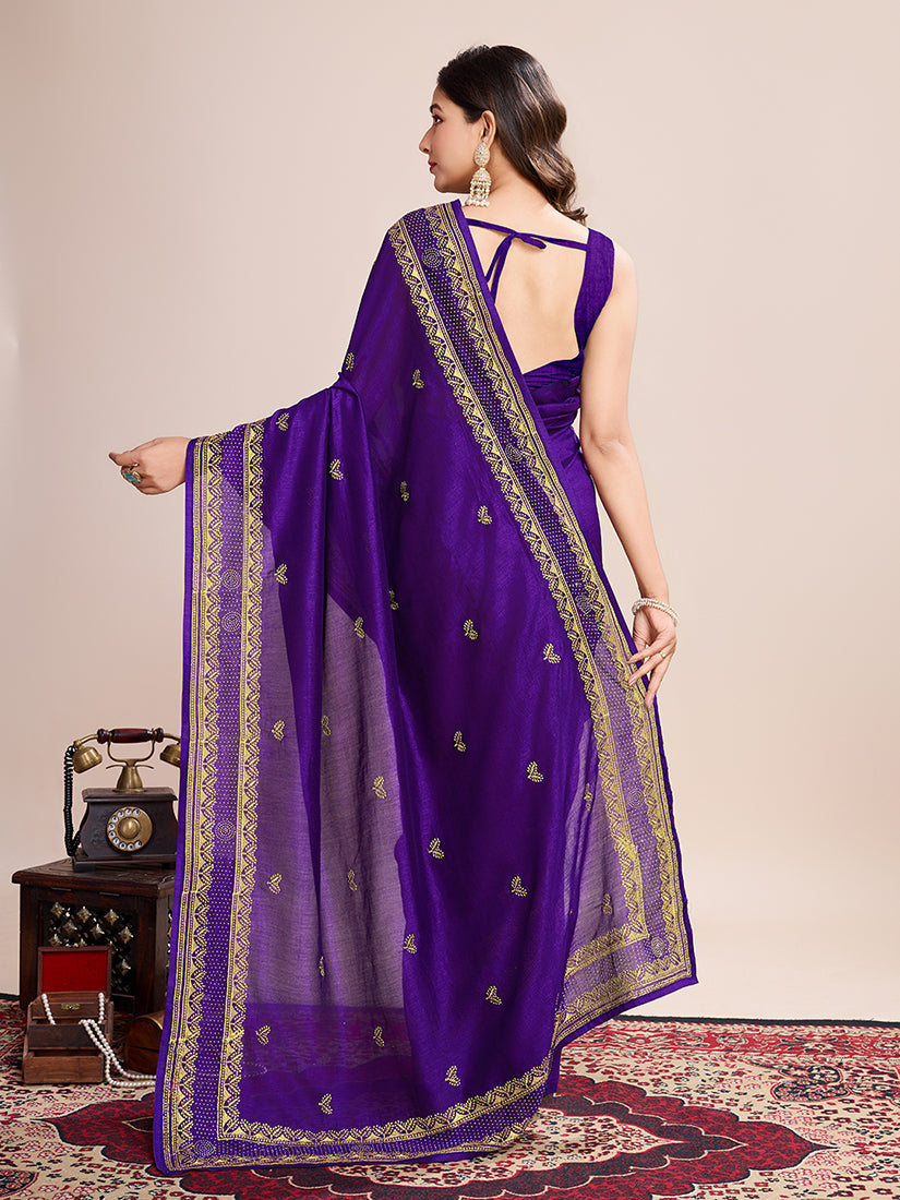 Monjolika Fashion Violet Vichitra Silk Classic Saree with Embroidered Work