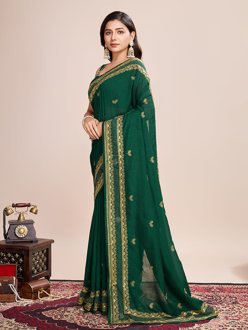 Green Vichitra Silk Embroidered Classic Saree