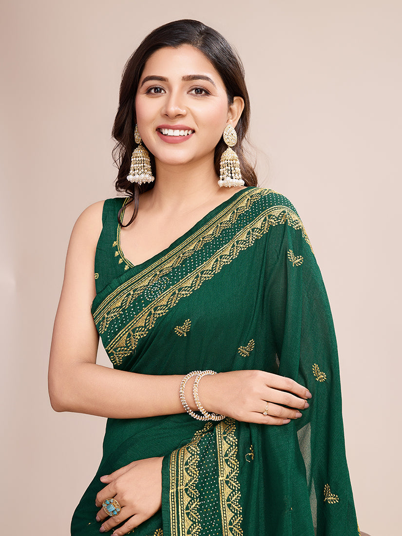 Green Vichitra Silk Embroidered Classic Saree