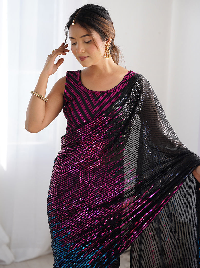 Black Georgette Sequins Embellished Saree for Parties