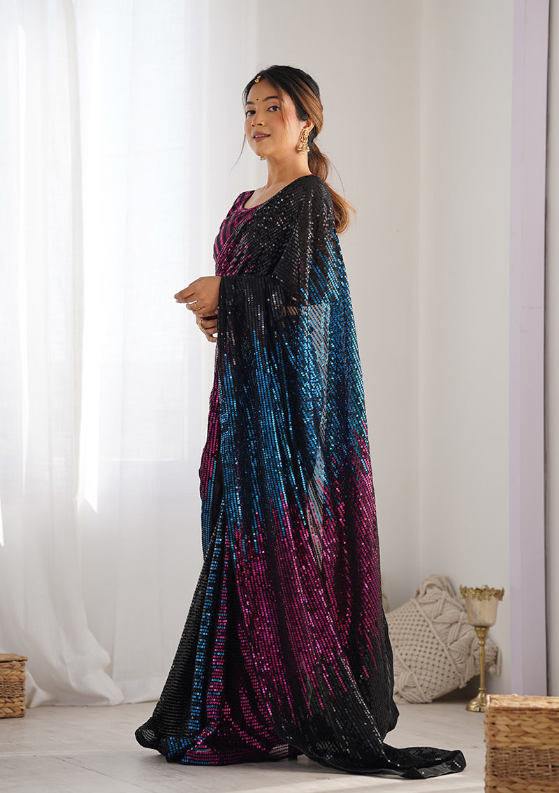 Black Georgette Sequins Embellished Saree for Parties