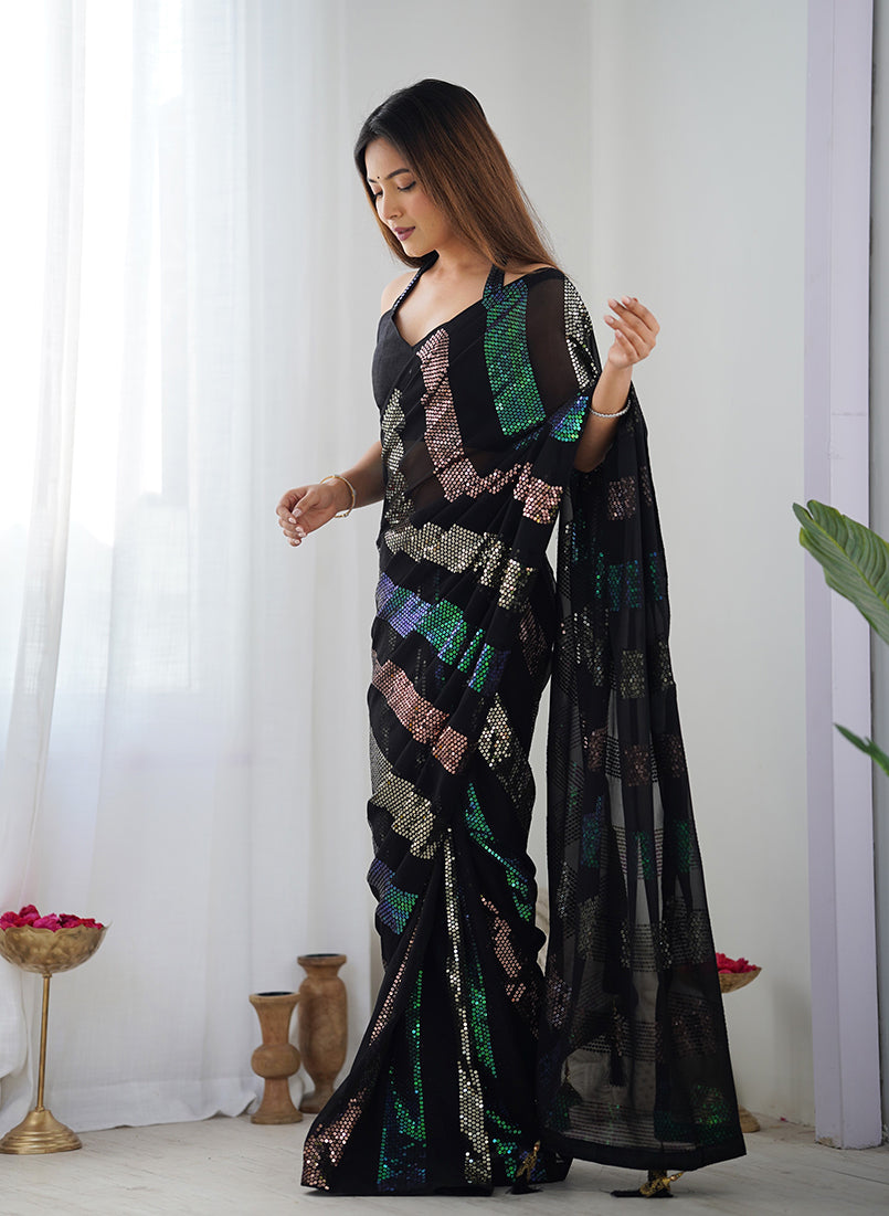 Black Georgette Classic Saree with Sparkling Sequins