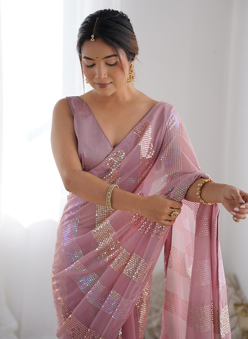 Pink Georgette Classic Saree with Intricate Sequins Work