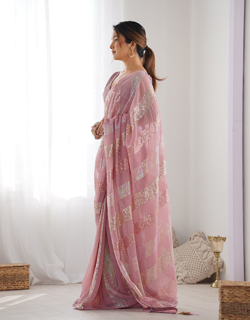 Pink Georgette Classic Saree with Intricate Sequins Work