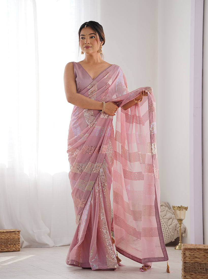Pink Georgette Classic Saree with Intricate Sequins Work