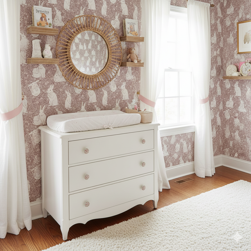 Lulu floral wallpaper in dusty-rose, sage-green, and white for a whimsical nursery look.