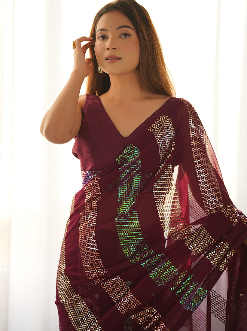 Maroon Georgette Sequins Classic Saree for Elegant Occasions