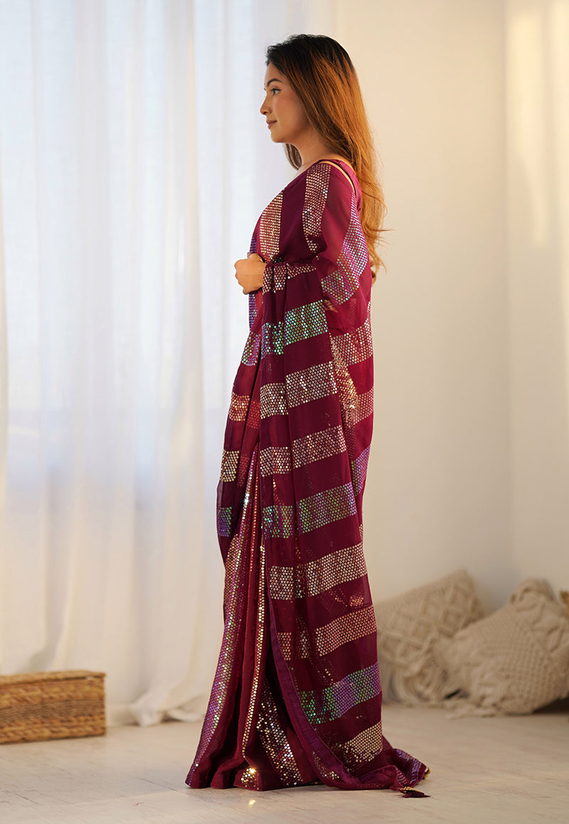 Maroon Georgette Sequins Classic Saree for Elegant Occasions