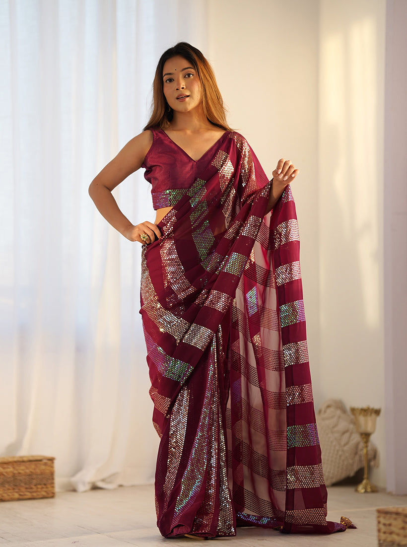 Maroon Georgette Sequins Classic Saree for Elegant Occasions