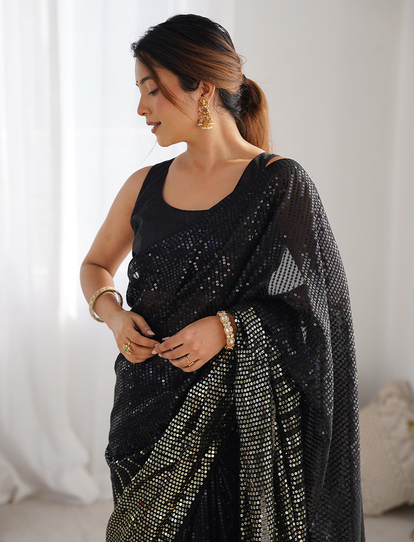 Black Georgette Party Wear Saree with Sequins Work