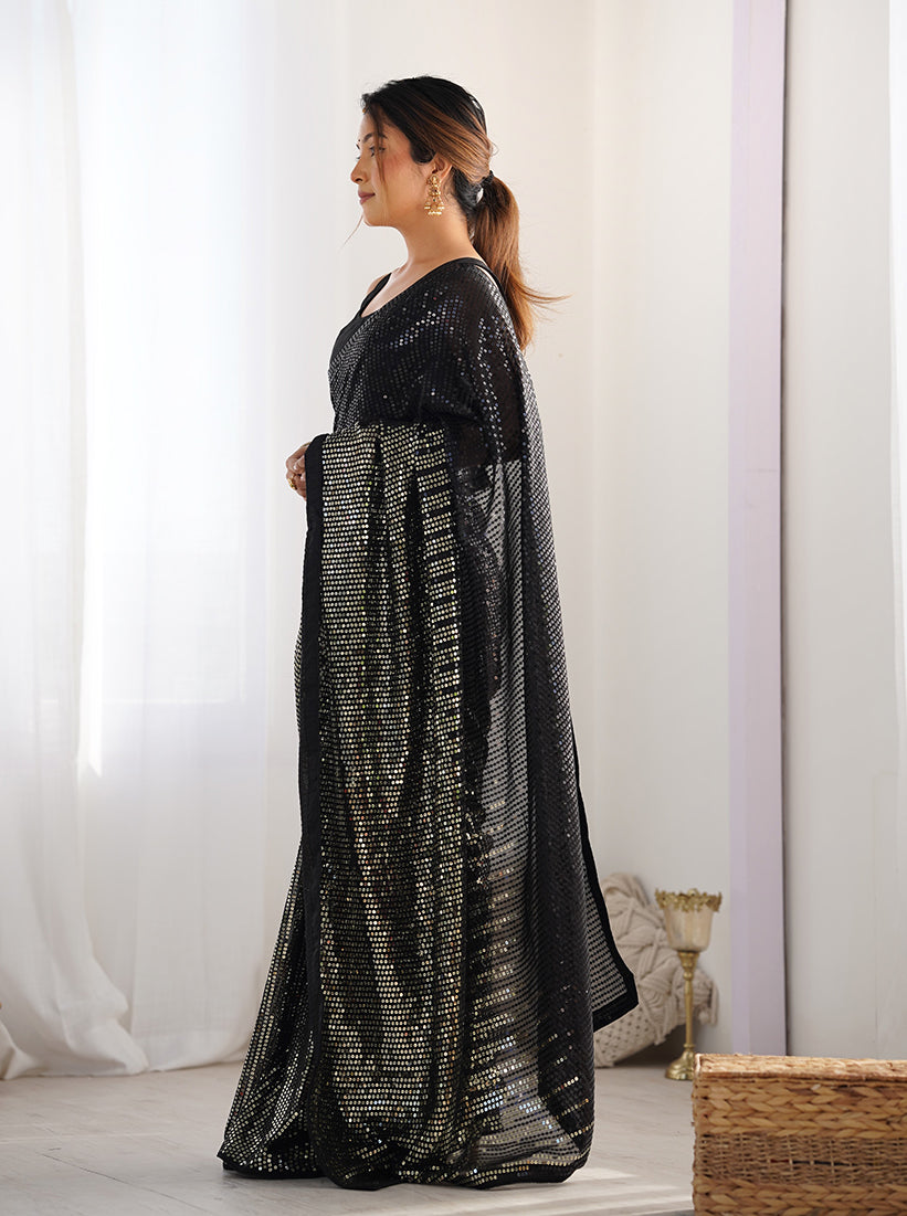 Black Georgette Party Wear Saree with Sequins Work