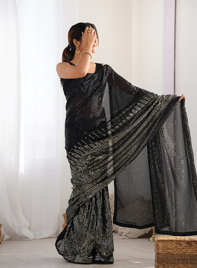 Black Georgette Party Wear Saree with Sequins Work