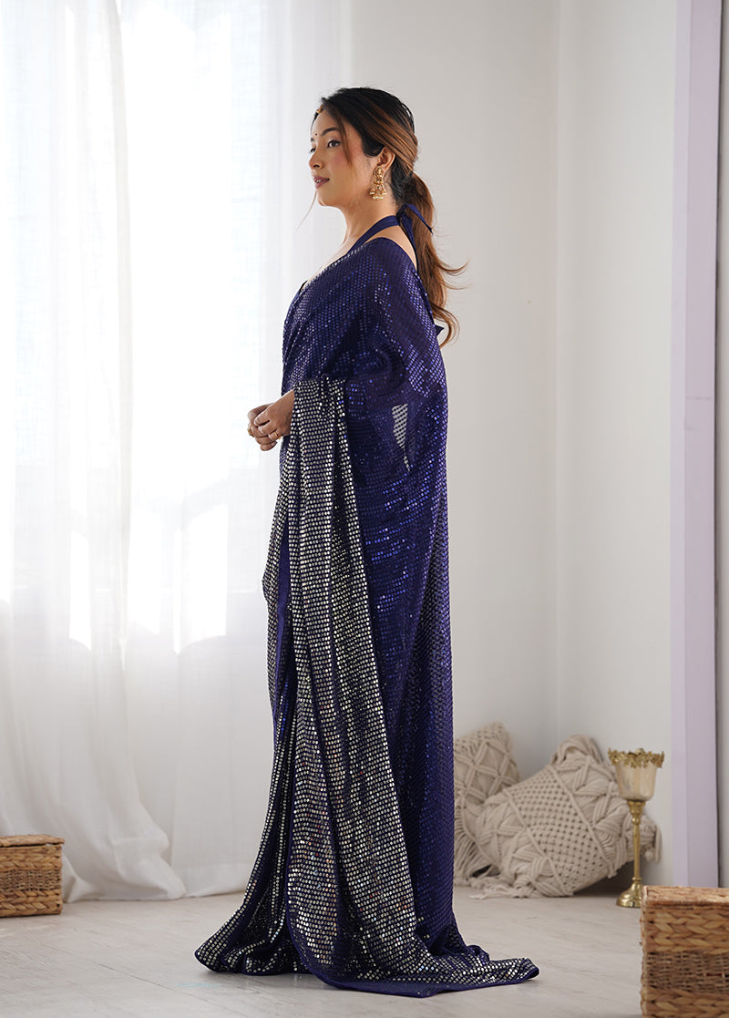 Blue Georgette Party Wear Saree with Elegant Sequins Work