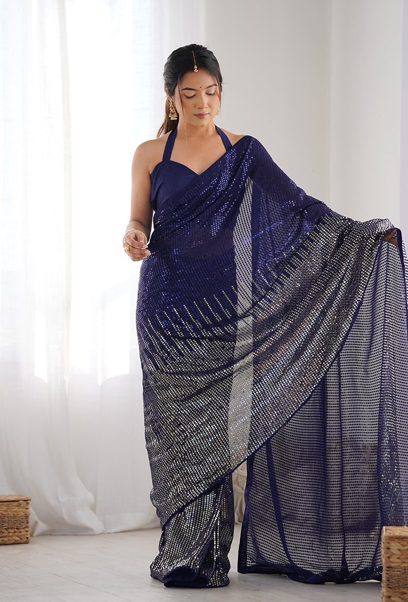 Blue Georgette Party Wear Saree with Elegant Sequins Work