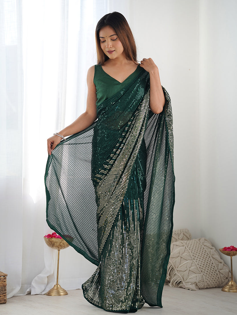 Bottle green georgette saree with all-over sequins detail