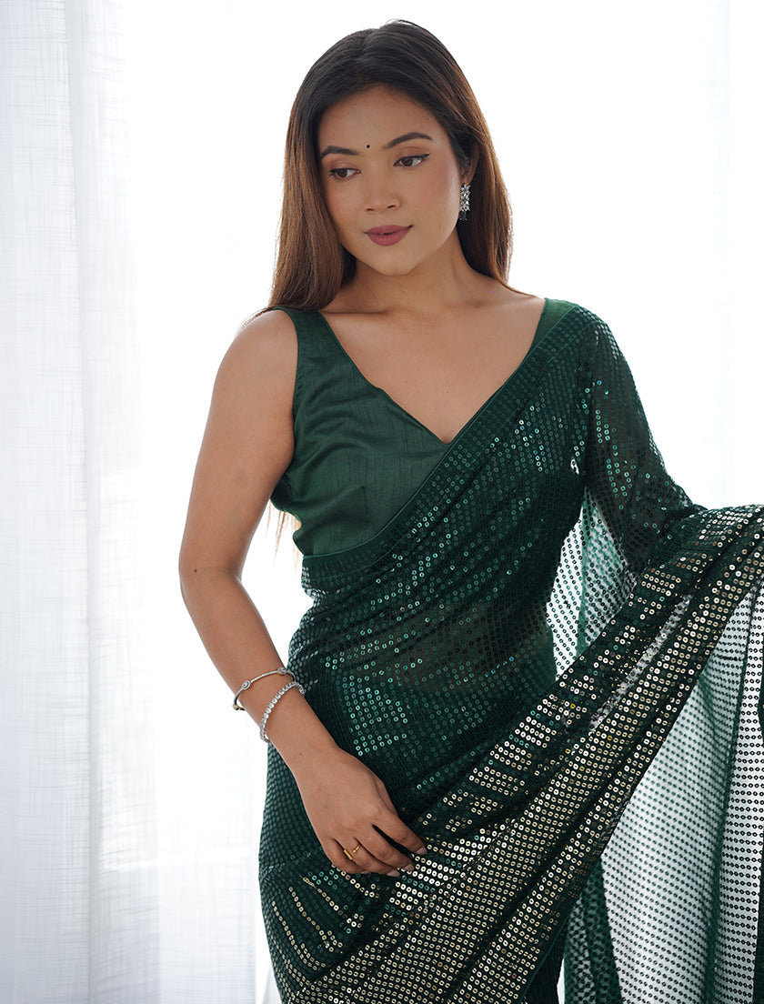 Bottle Green Georgette Party Wear Saree with Sequins Work