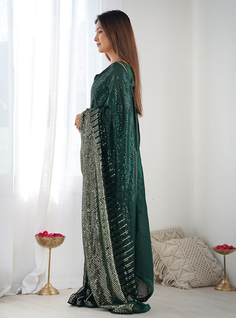 Bottle Green Georgette Party Wear Saree with Sequins Work