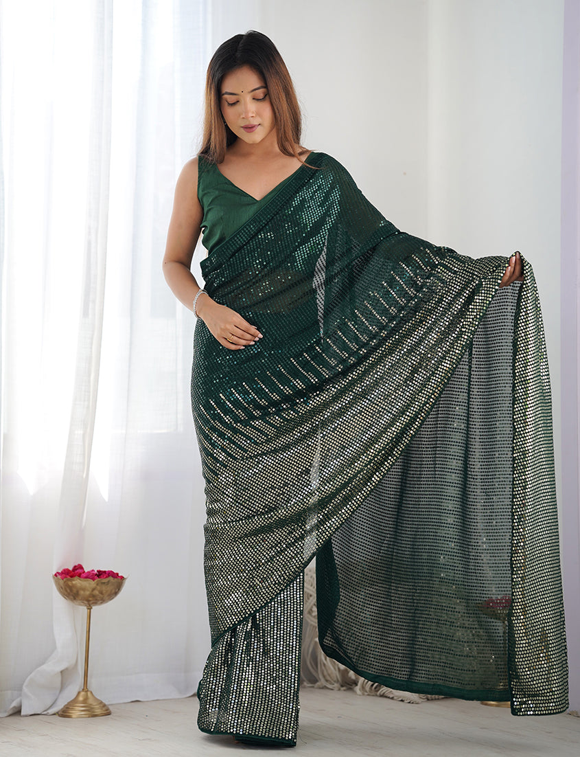 Bottle Green Georgette Party Wear Saree with Sequins Work