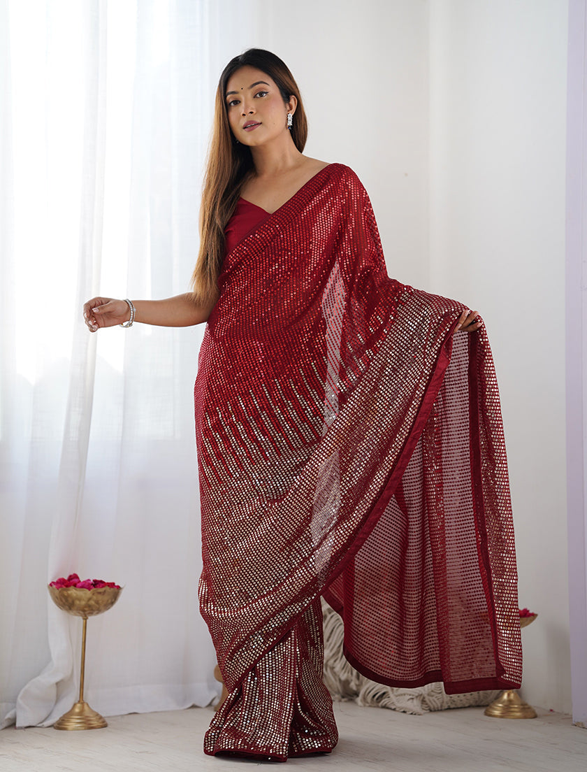 Red georgette party wear saree with sparkling sequins work