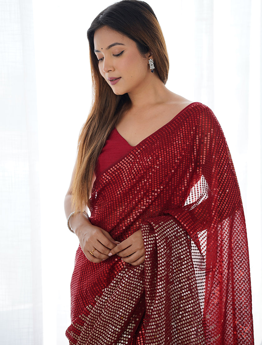 Red Georgette Party Wear Saree with Stunning Sequins Work
