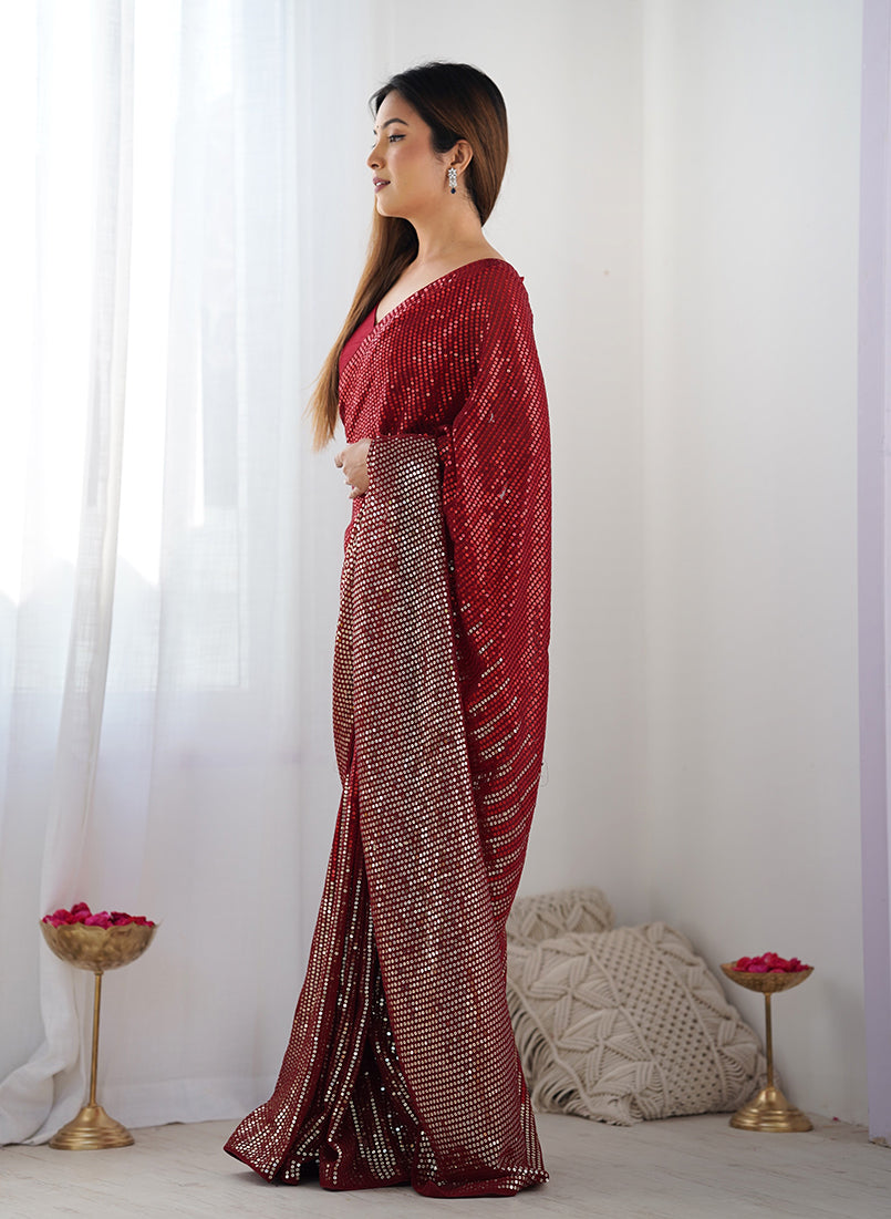 Red Georgette Party Wear Saree with Stunning Sequins Work
