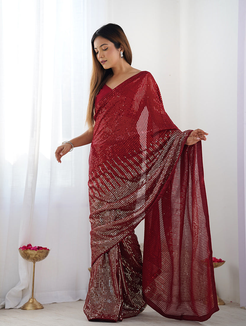 Red Georgette Party Wear Saree with Stunning Sequins Work