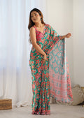 Mint green chinon saree with vibrant digital floral patterns