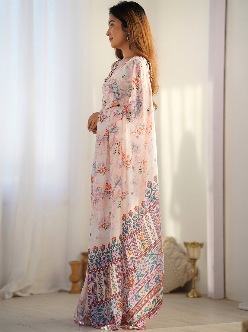 Off White Chinon Digital Print Classic Saree