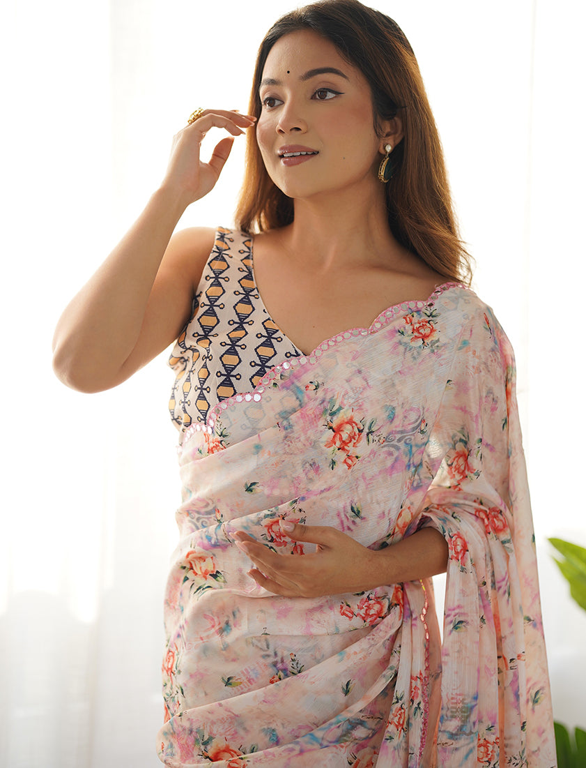 Off White Chinon Digital Print Classic Saree