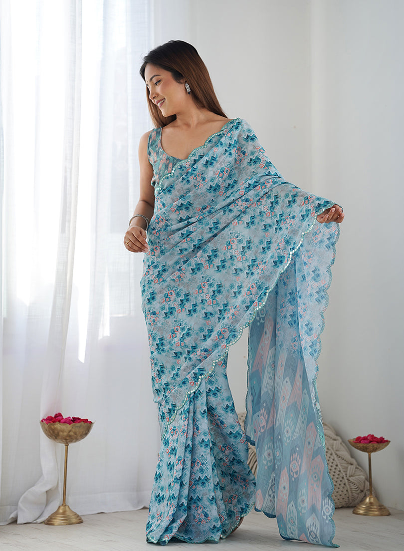 Light Blue Chinon Digital Print Classic Saree