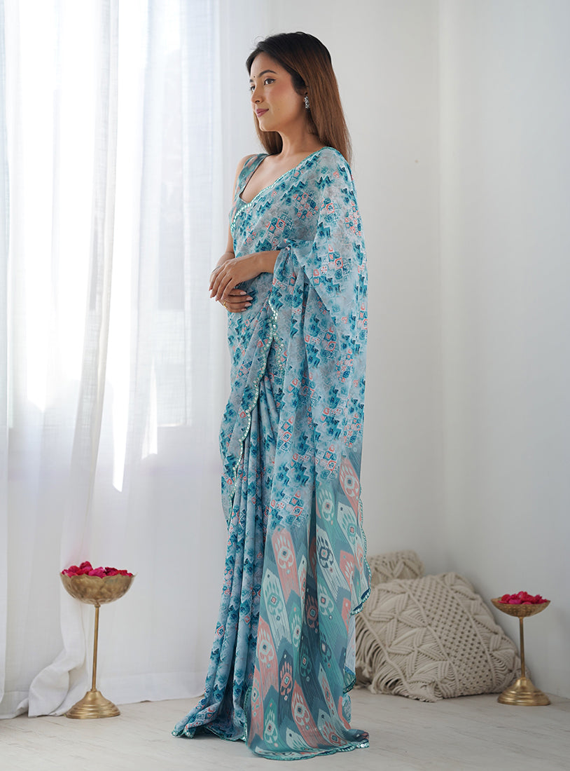 Light Blue Chinon Digital Print Classic Saree