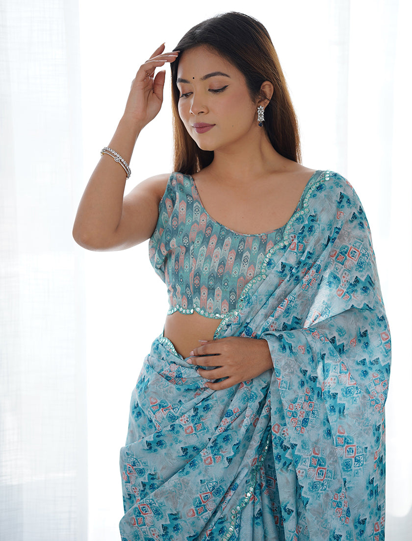 Light Blue Chinon Digital Print Classic Saree