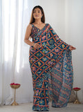 Navy blue chinon classic saree with vibrant digital print patterns