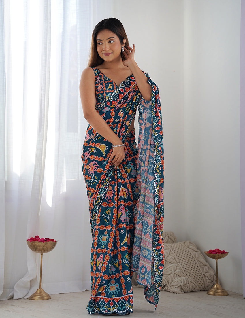Navy Blue Chinon Classic Saree with Digital Print