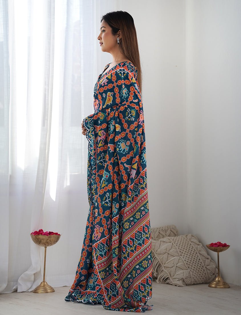 Navy Blue Chinon Classic Saree with Digital Print