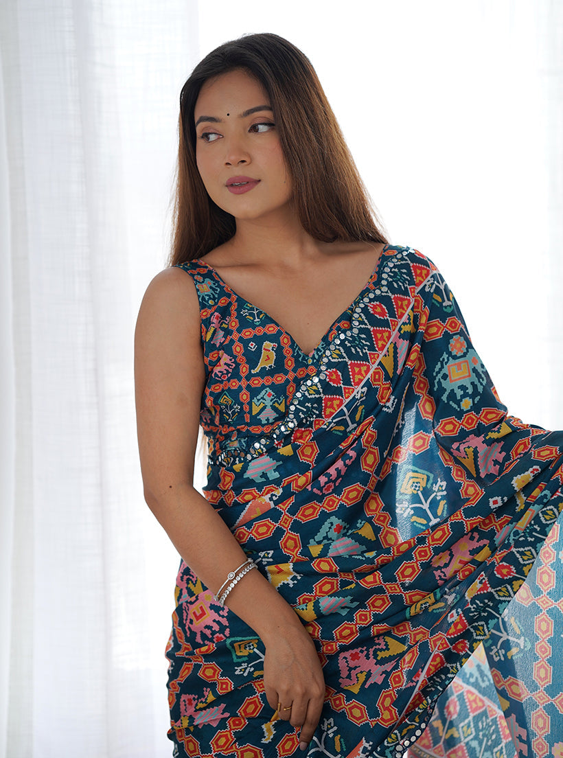 Navy Blue Chinon Classic Saree with Digital Print