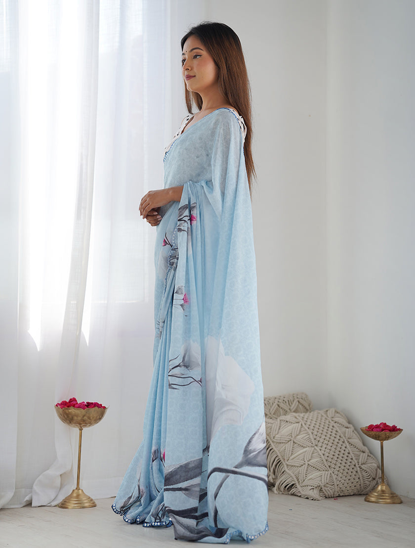 Sky Blue Chinon Saree with Elegant Digital Print Patterns