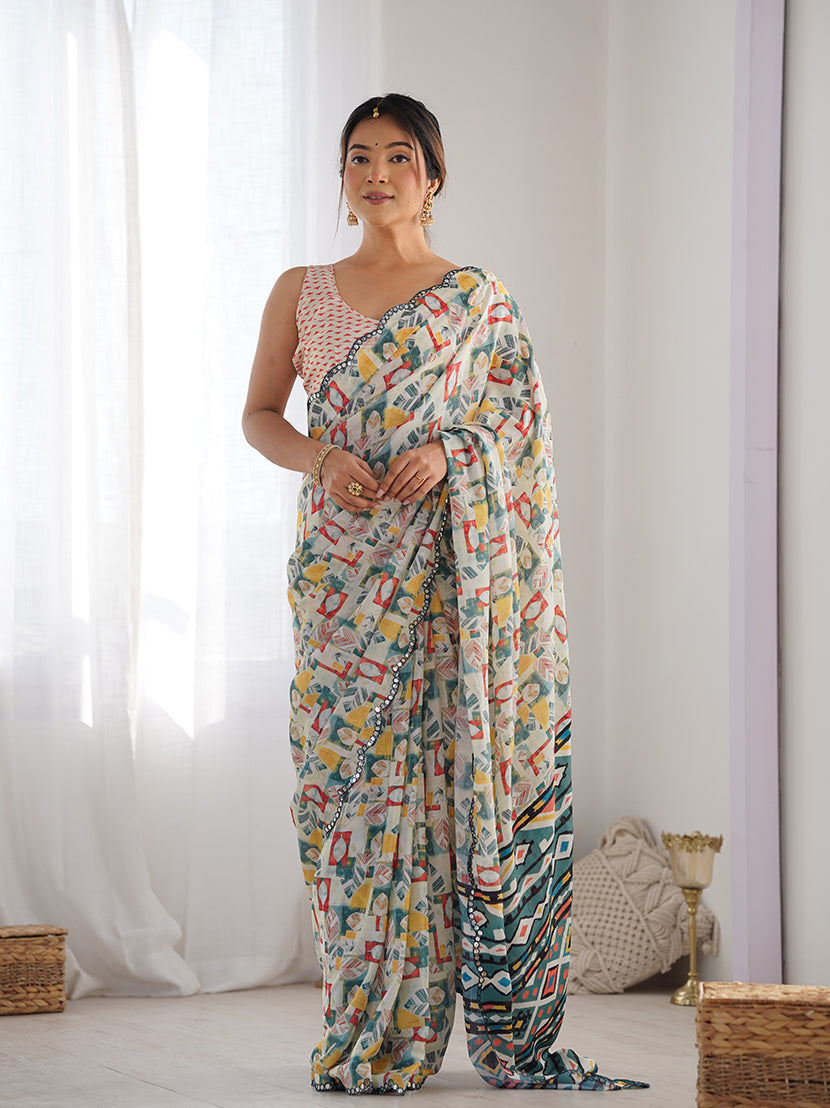 Off-white chinon classic saree with sophisticated digital print details